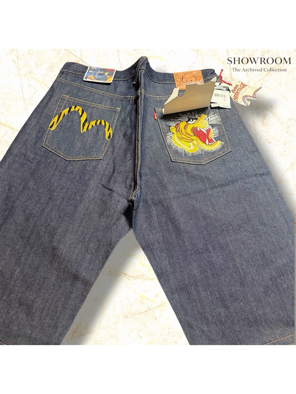EVISU Tiger Embroidered Denim Shorts Y2K Deadstock Rare Archive Museum Collector